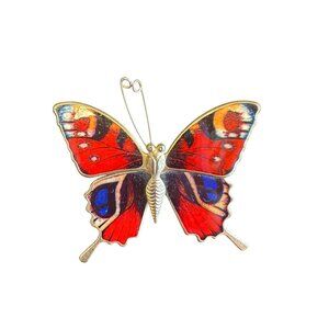 Vintage Butterfly Brooch With Red & Blue Enamel Wings And Gold-Tone Metal Backin